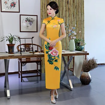 

2018 Fashion Long Cheongsam Chinese style Mandarin Collar Dress Womens Summer Rayon Qipao Slim Party Dresses Vestido S-4XL