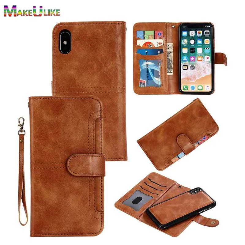

MAKEULIKE Case For iPhone X iPhoneX Wallet Case PU Leather Removable Back Cover +Flip Case for iPhone X 10 6 6S 7 8 Plus Hoesje