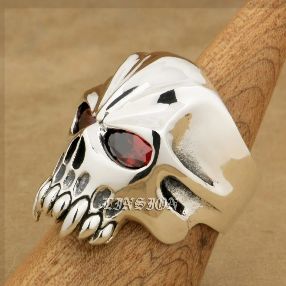 

Brand LINSION Huge Heavy 925 Sterling Silver Red CZ Eyes Skull Mens Biker Rocker Punk Ring 9M504 US Size 7~15