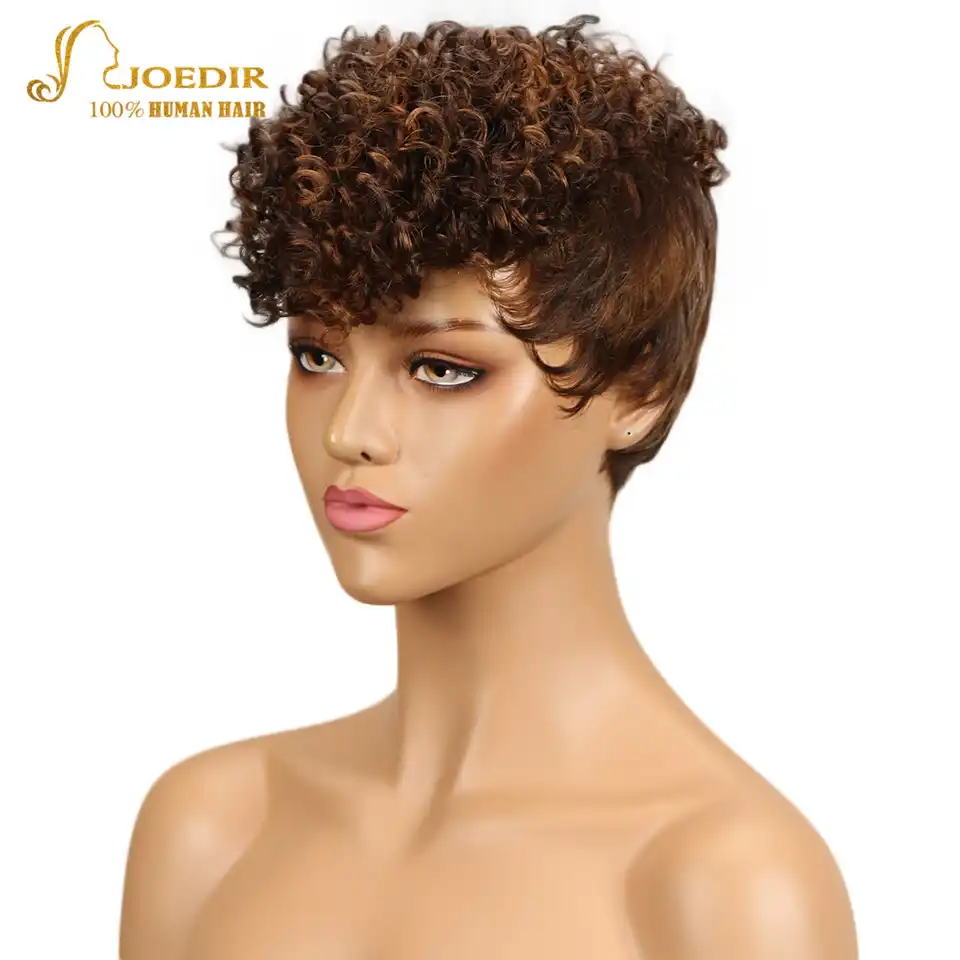 Joedir Brazilian Afro Kinky Curly Hair Short Human Hair Wigs For Black Women Mohawk Remy Hair Wigs Color Burgundy Blonde Wig