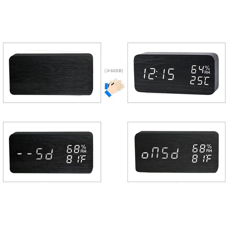 Modern Led Alarm Clock Temperature Humidity Electronic Desktop Digital Table Clocks,Black+ white subtitles