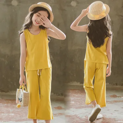 

2018 yellow girls sets for children vest+pants Korean fashion 12 years