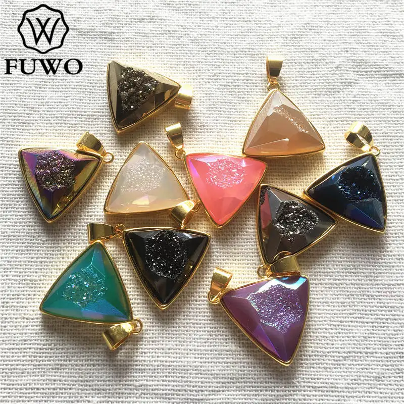 FUWO Wholesale 5Pcs Natural Druzy Titanium Connector Pendant,Golden Plated Bezel Faceted Rainbow Quartz For Jewelry Making PD242 6