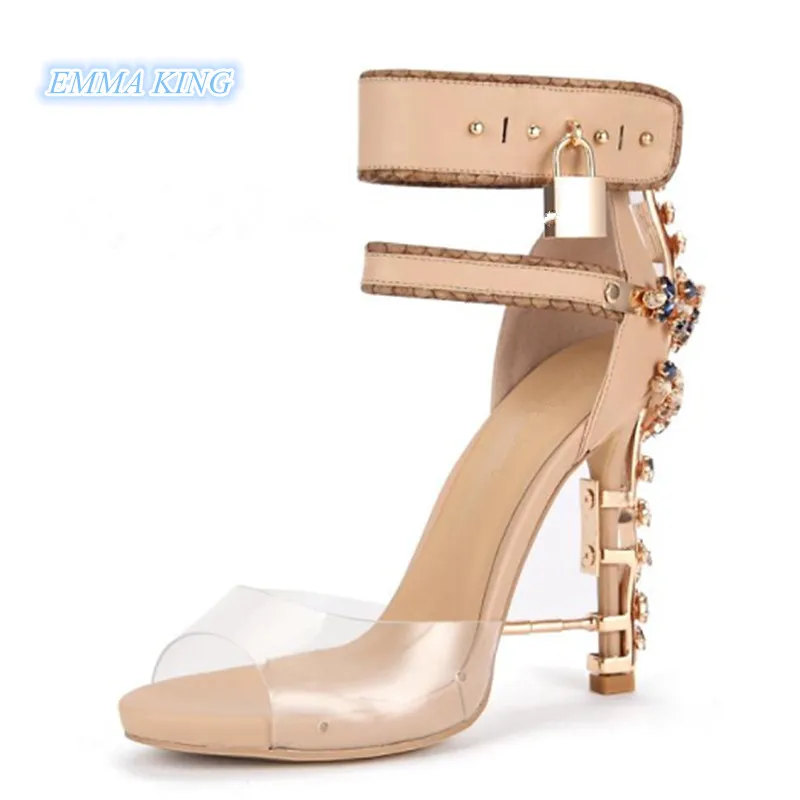 

Summer Fashion Colorful Rhinestones Decorated Sandals Women PVC Clear Patchwork Open Toe Stiletto High Heel Sandals Brand Design