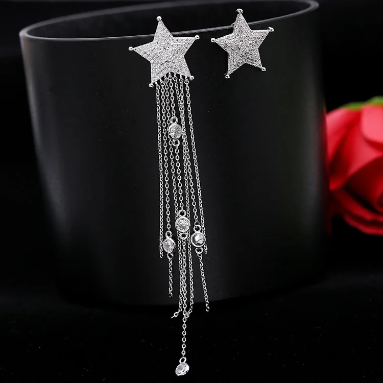 

SWOUR New Fashion Jewelry 925 Silver Needle CZ Austria Crystal Star Design Long Tassel Mismatched Dangle Earrings For Women S388