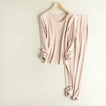 Алоэ Вера красота комплект нижнего белья липкий сплошной цвет термобелье комплект средней талии пуловер с О-образным вырезом Длинные кальсоны костюм женские леггинсы