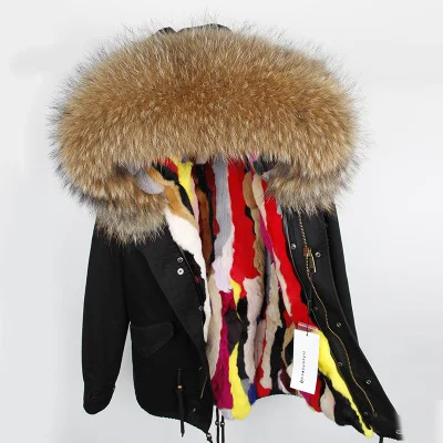 Мужская зимняя куртка, пальто из натурального меха, подкладка из натурального кроличьего меха, парка, мужская одежда, мужская куртка с большим воротником из меха енота - Цвет: black mex