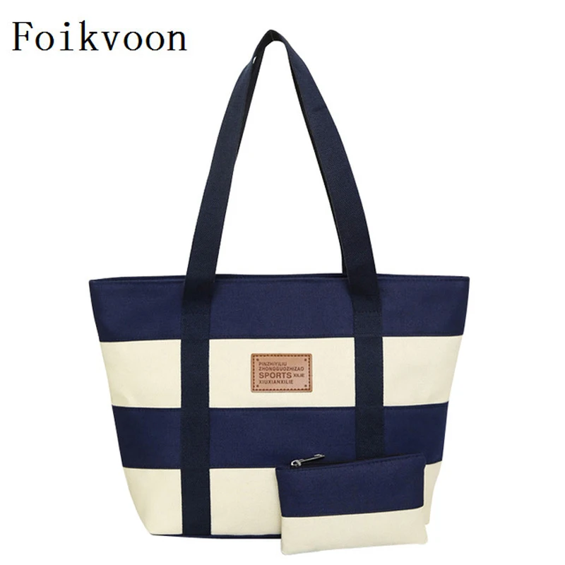 

Foikvoon Women Big Bags Canvas Wide Stripe Woman Shoulder Bags Stitching Color Simple Ladies Handbags Bags