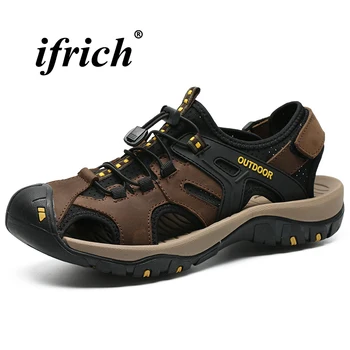 

Mens Sandals Genuine Leather Outdoor Footwear Black Brown Summer Shoes for Male Rubber Bottom Anti-slip Men Casual Shoes
