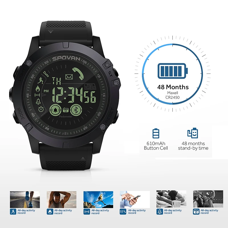 SPOVAN, умные уличные мужские часы, Bluetooth, спортивные, светодиодный, цифровые часы, 50 м, водонепроницаемые, с секундомером, мужские наручные часы, Relogio Feminino