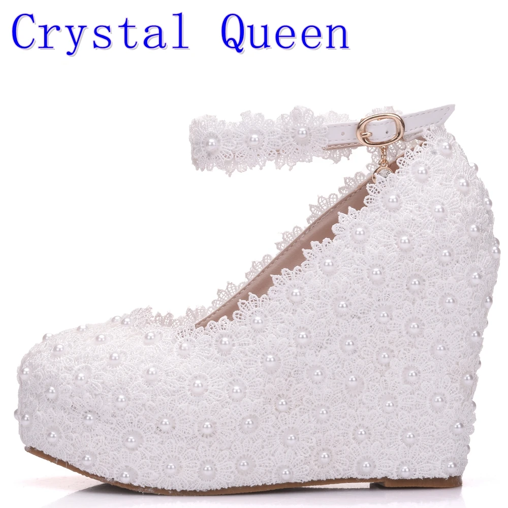 Crystal Queen White Wedges Wedding Pumps Sweet White Flower Lace Pearl