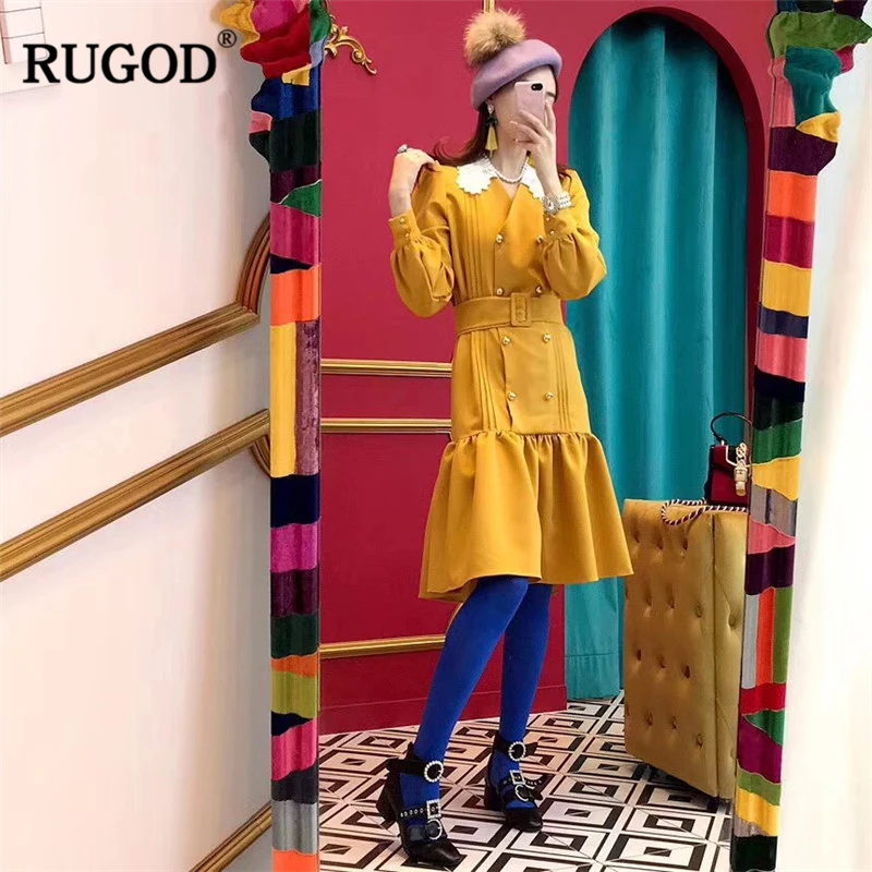 

RUGOD Vintage women chiffon dress lantern sleeve single-breasted ruffle elegant office ladies casual spring autumn modis vestido