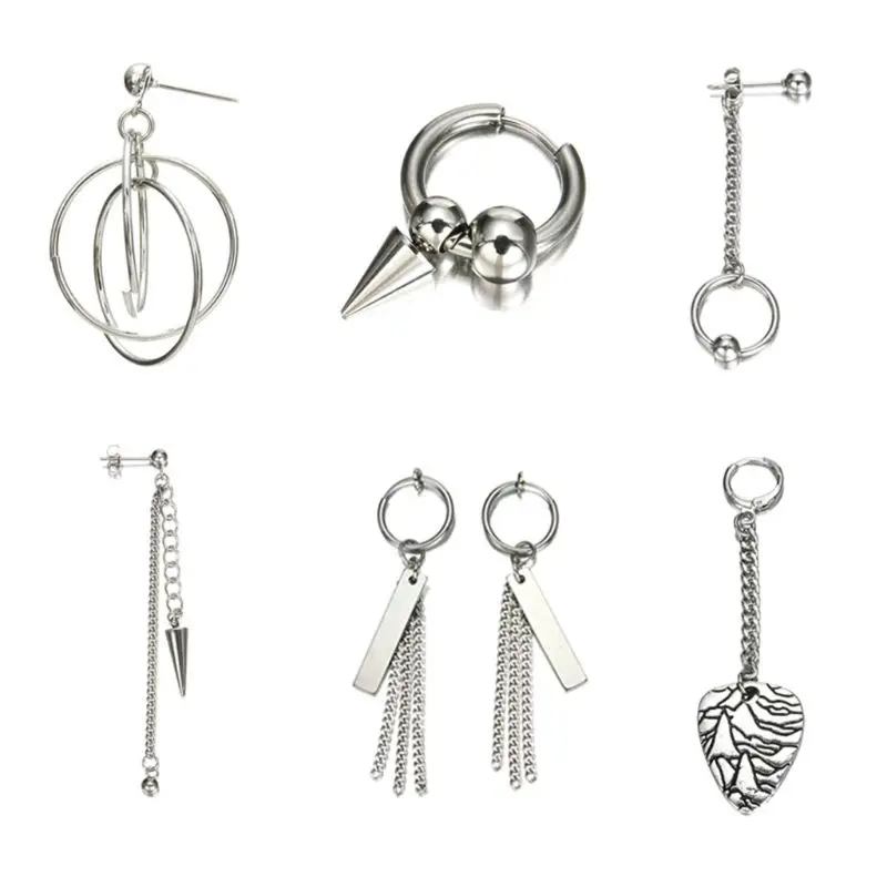 

7 Pcs/Set Earrings Personality Hip Hop Fashion Ear Stud Clips Dangle Cone Pendant Long Chain Ring Silver Creative Charms Uni