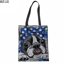 Женские сумки для покупок каваи Бостон-терьер печать девушки сумка тканевая через плечо женская сумка Tote кошелек Bolsa feminina