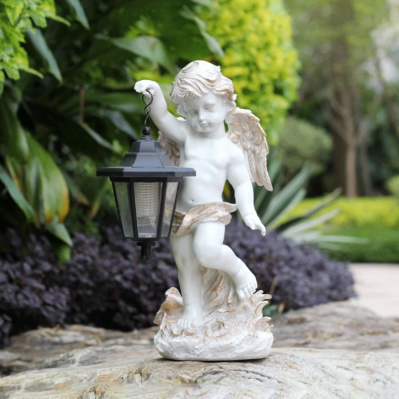 

Outdoor Garden Courtyard Villa Landscape Decoration Decor Sculpture Angel Carrying Solar Lamp Glass Steel Yard Statue Dooryard