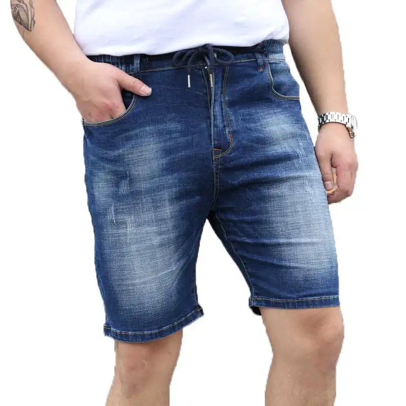 Plus Size Men's Washed Denim Shorts Knee Length Indigo Short Jeans with