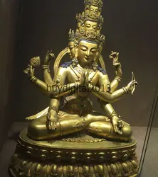 30 "Тибет Буддизм Храм Бронза Золото 10 Головки 8 Arms Кван-Инь Статуя Будды
