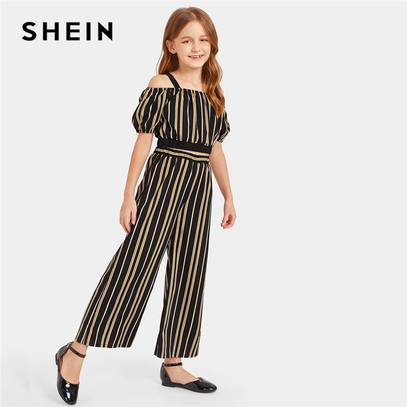 

SHEIN Kiddie Striped Cold Shoulder Top And Wide Pants Casual Teenager Girls Clothes 2019 Summer Short Sleeve Boho Kids Set