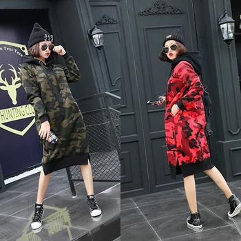 

Camouflage Sweatshirt Dress 2019 Autumn Sundress Winter Plus Size Thick Sport Dress Midi Long Hoodie Pullover Vestido DD1928
