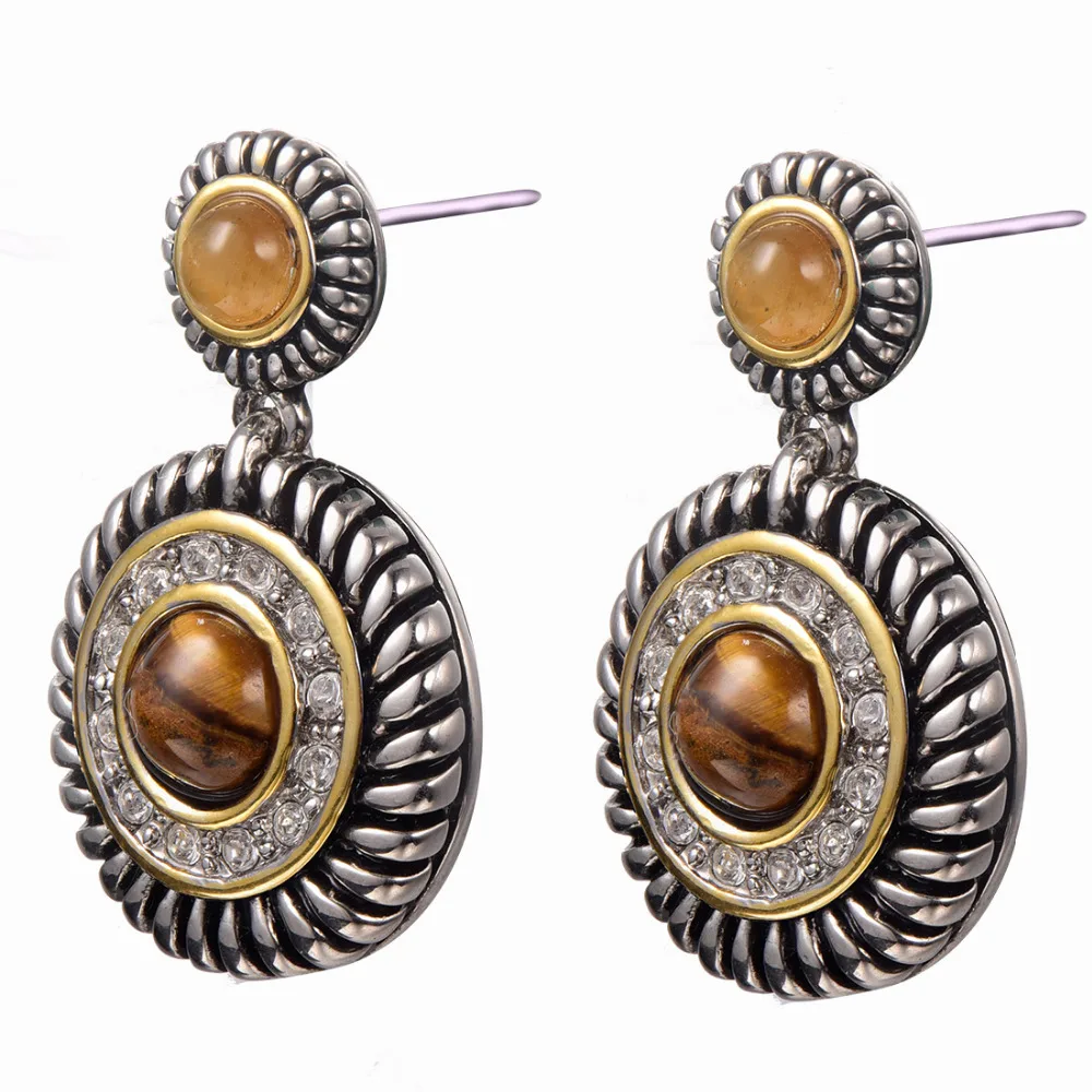 Woman 925 Sterling Silver Tiger Eye White Crystal Zircon Earrings Earrings TE688