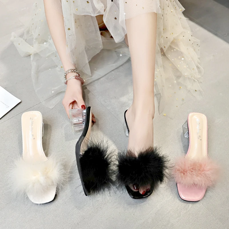 Знаменитое дизайнерское страусиное меховое прозрачное sandalias; женские прозрачные туфли на высоком каблуке; розовые меховые шлепанцы; y1035
