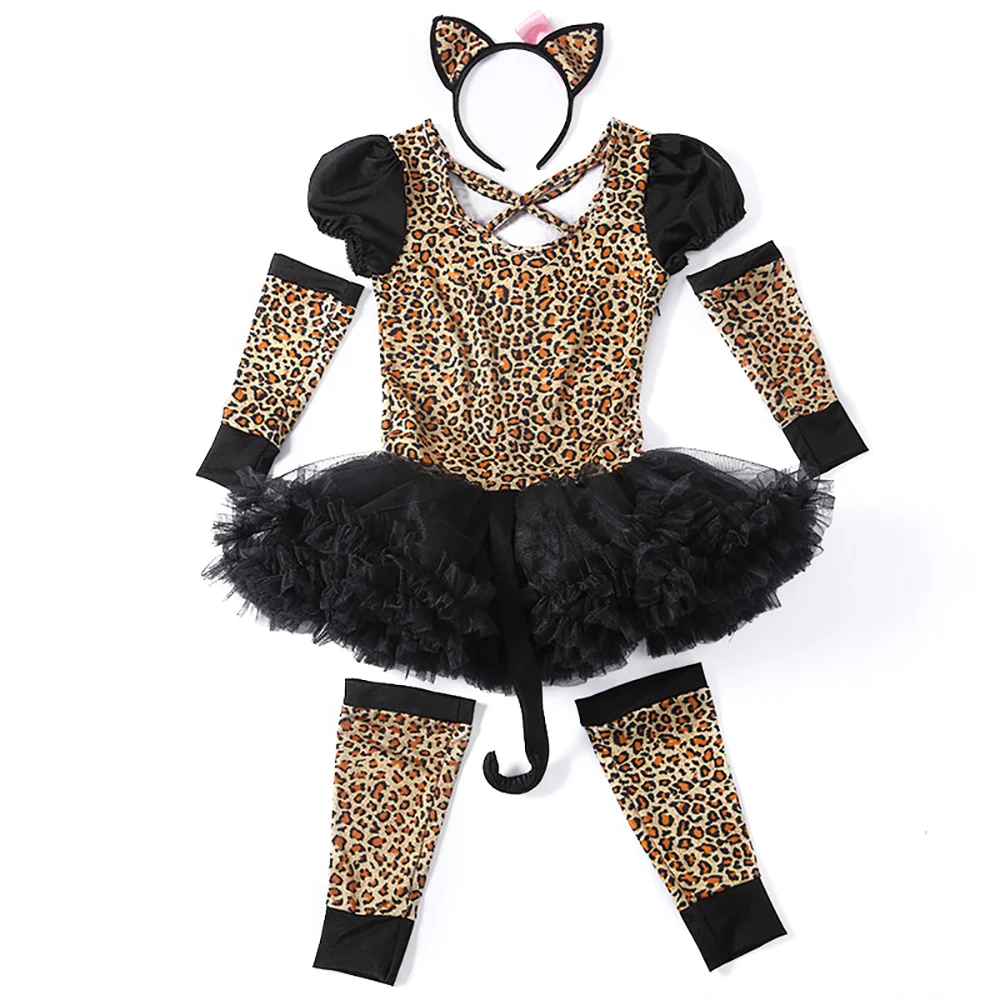 Детский красивый леопардовый костюм, костюм с изображением животных для маленьких девочек, нарядное платье Вечерние, праздничное платье с леопардовым узором и хвостами, карнавальные костюмы