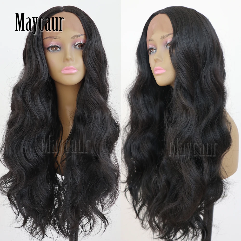 Maycaur Hair Middle Part Long Body Wave Hair Lace Wigs Glueless Black Color Synthetic Lace Front Wigs for Black Women