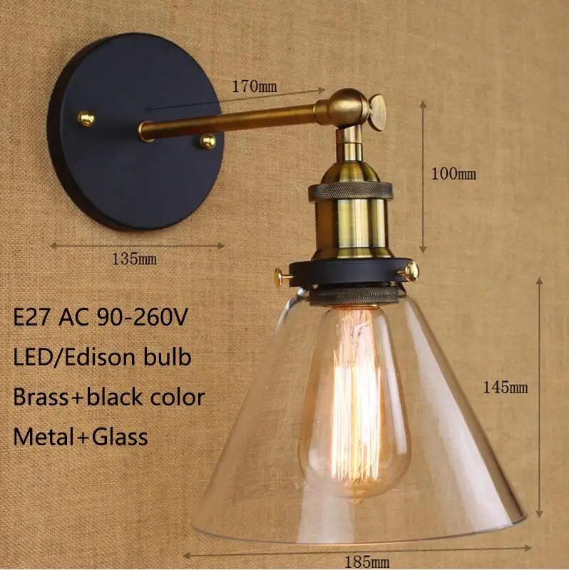 Промышленный стиль Античный цвет ржавчины метала стеклянная настенная лампа/поворотный кронштейн настенное освещение для рабочей комнаты/ванной комнаты Тщеславие 2 применяется рука торнадо - Цвет абажура: brass color