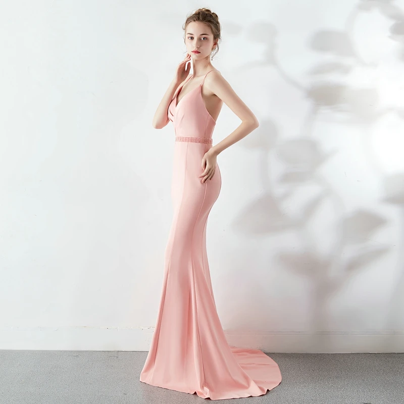 

Partysix Women's Pink Color Sexy Beads Long Dress Backless Strap Cross Slit Formal Party Dress