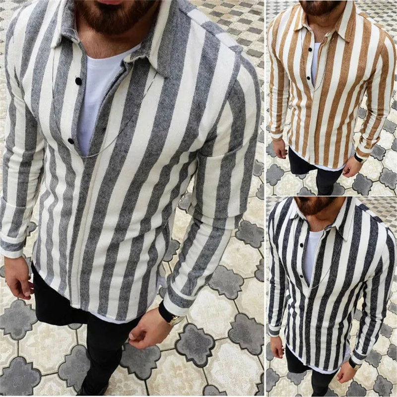 

US Luxury Men Casual Shirts Slim Fit Long Sleeve Formal Striped Tops
