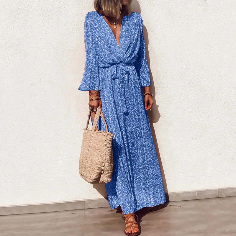 

2019 New Behomian Fashion Vintage Women Long Dresses Elegant Loose V Neck Floral Pattern Long Sleeve Maxi Dress