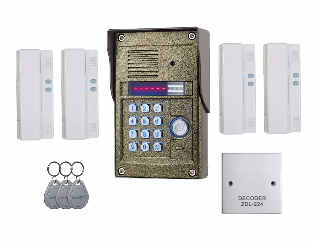 

Audio Door Phone for 4 apartments, 2 Wires audio Door Intercom system , IR outdoor unit, ID card and Password unlock