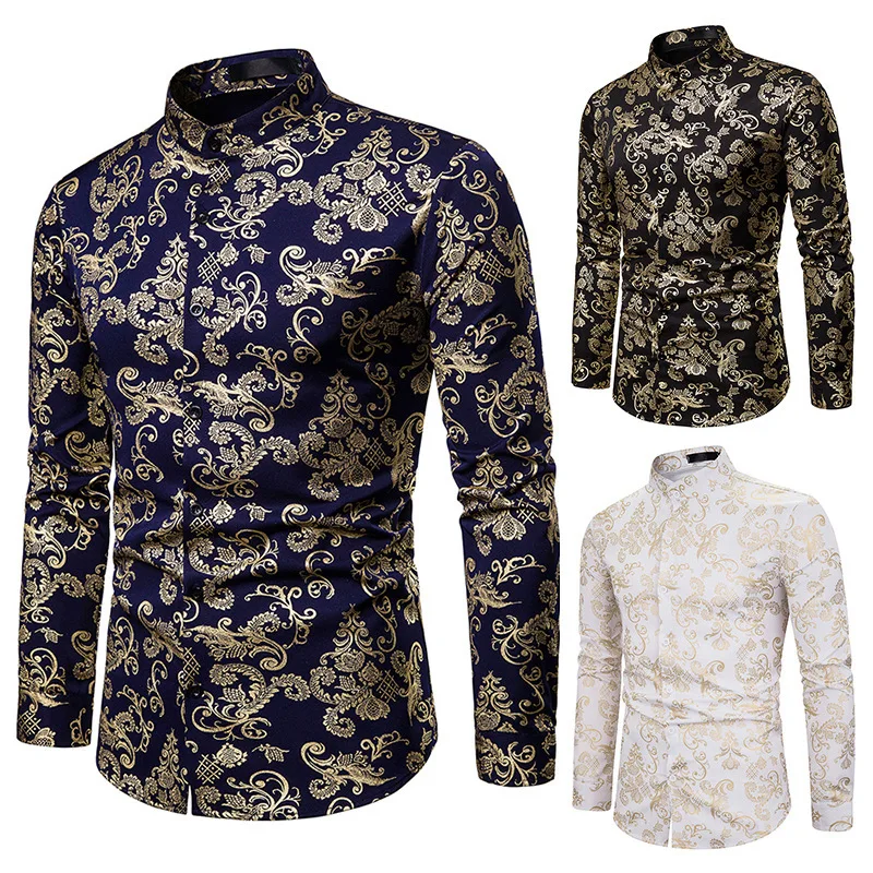 

Autumn Nightclub Casual Men's Fashion Collar Shirt Men's Fashion Hot Stamping Printing Long Sleeve Shirt Men Men Shirt