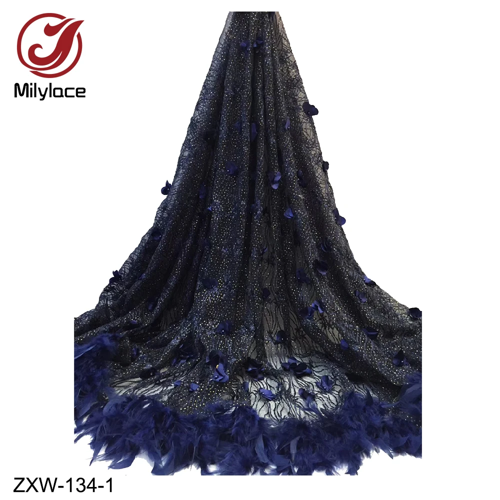 

High Quality 3d Flower Lace Embroidery and Feather Tassels Lace Fabric Hot French Lace Fabric for Party Dress ZXW-134