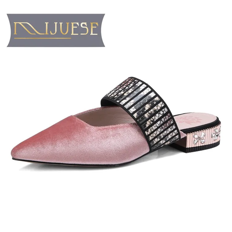 

MLJUESE 2018 women slippers summer style MaryJanes slip on pointed toe diamond heel pink color slides sandals women size 34-39