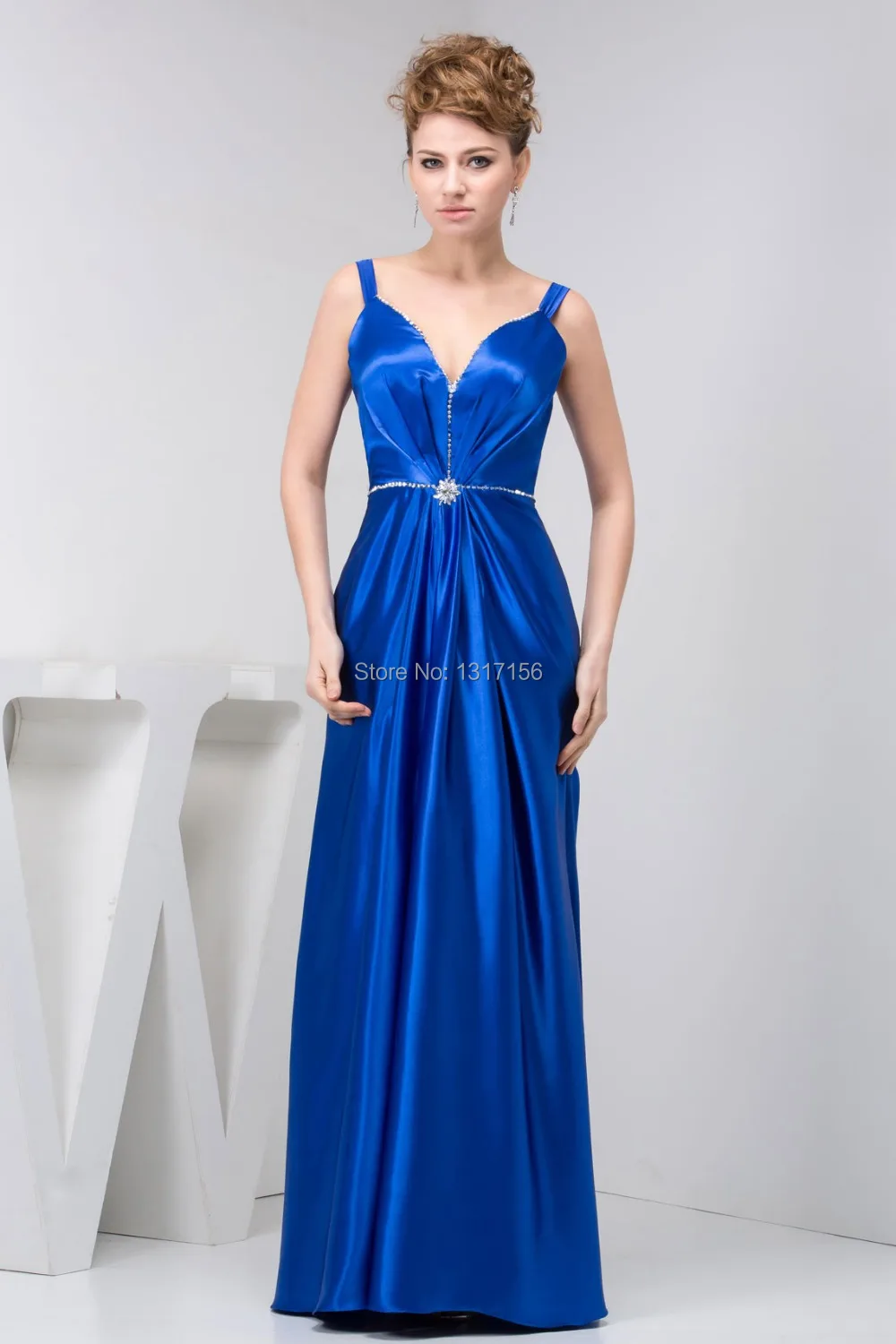 2014 New Arrival custom beading Column Zipper Sleeveless Satin Royal Blue Long evening Dress long Prom Dresses | Вечерние платья