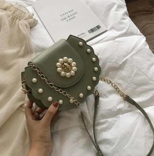 Летняя новая седельная сумка высокого качества из искусственной кожи, женская дизайнерская сумка, сумка через плечо с жемчужным замком и цепочкой - Цвет: 21 CM Green