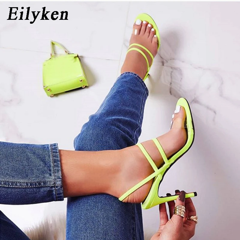 

Eilyken Fluorescent Green High Heels PVC Sandals Straps Back Strap Summer Shoes Gladiator Sexy Stiletto Sandals Women shoes