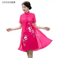 New Hot Sale Sexy Hot Pink Vietnam Ao Dai Dress Chinese Traditional Lady' s Short Sleeve Print Elegant Short Dress M-3XL Z170802