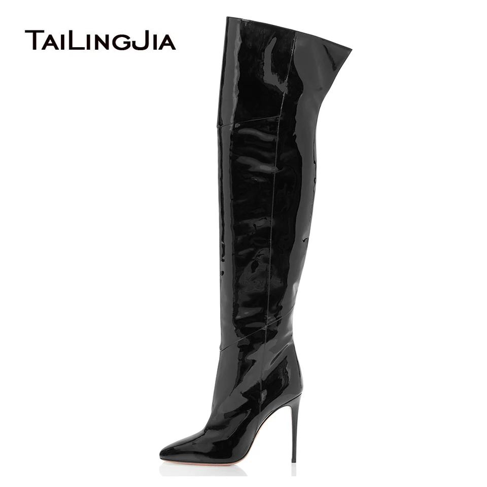 black patent leather over the knee boots