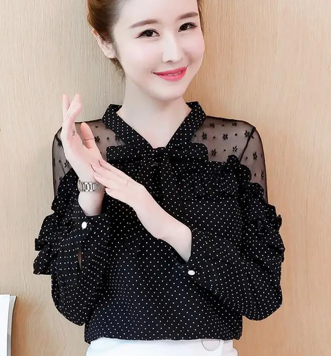

2018 Autumn New Arrival High Quality Hot Sale Leisure Stand Collar Ruffles Dots Long Sleeve Woman ChiffonTop
