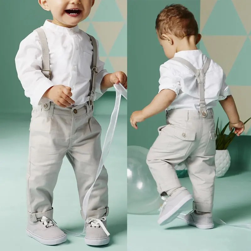 Комплект одежды для маленьких мальчиков, белая рубашка+ комбинезон, модная одежда для мальчиков в джентльменском стиле, Детская рубашка