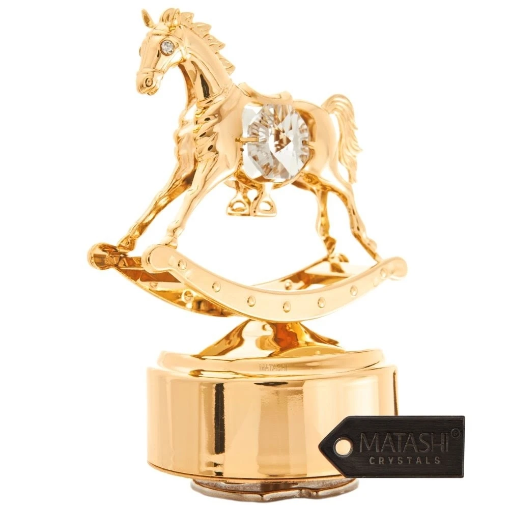 24K Gold Plated Music Box with Crystal Studded Rocking Horse Figurine by Matashi