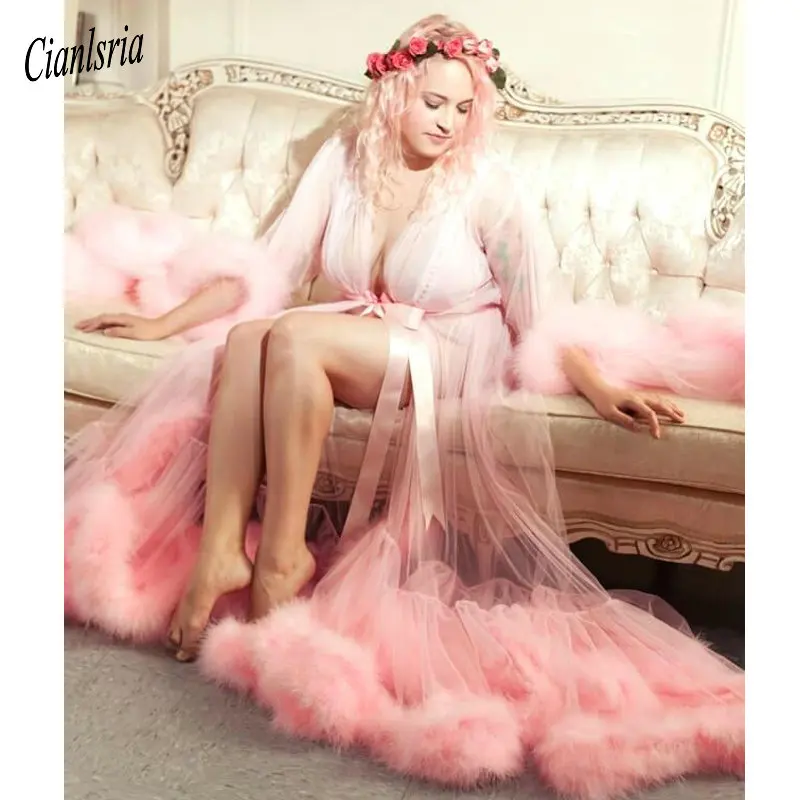 Румяна Розовый перо Свадебный халат Тюль Иллюзия свадебный подарок церемония праздничная одежда халат