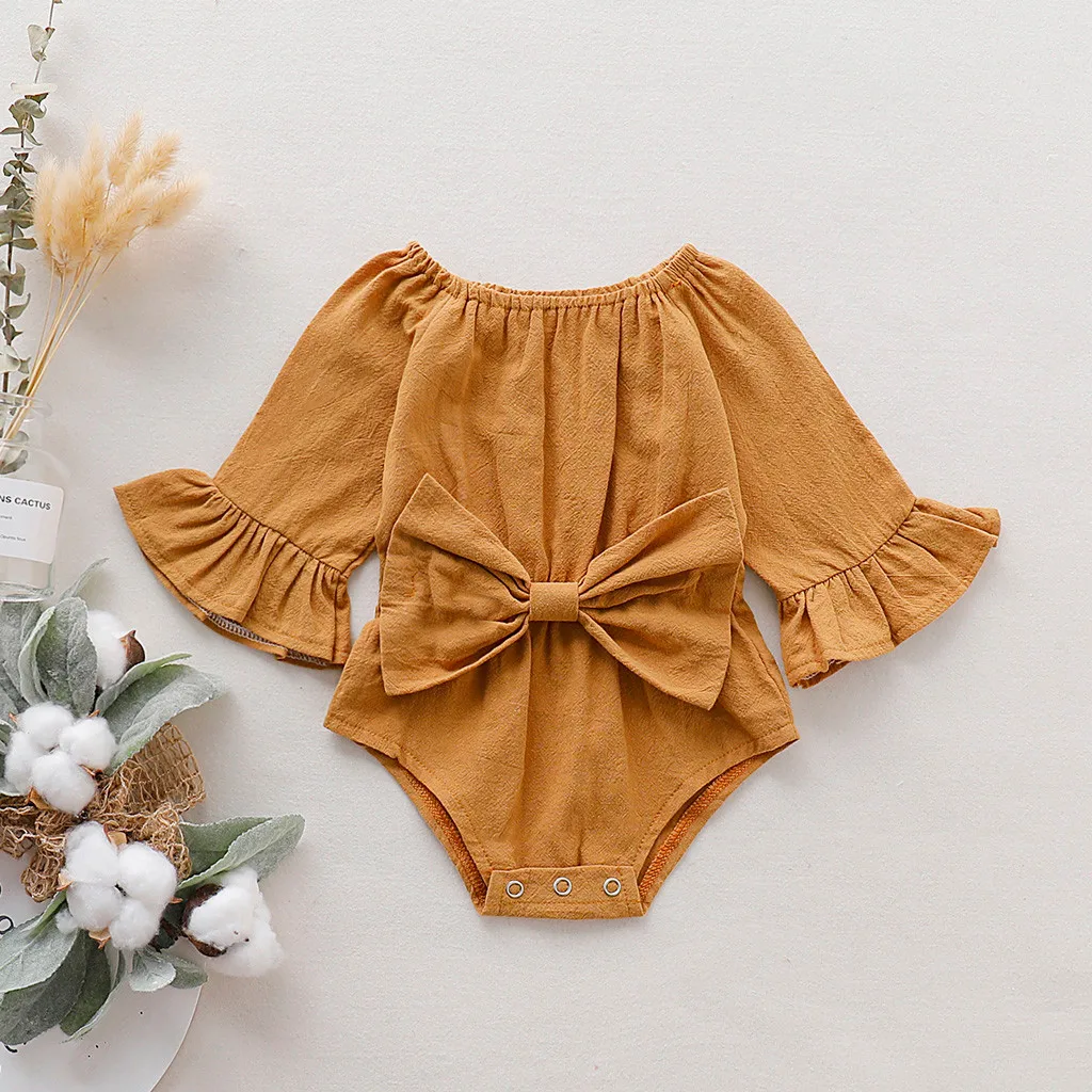 

Baby Bodysuit Girl Boy Solid Big Bow Flare Long Sleeve Winter Jumpsuit Casual Newborn Onesie Toddler Kids Clothes Unisex 19Jul