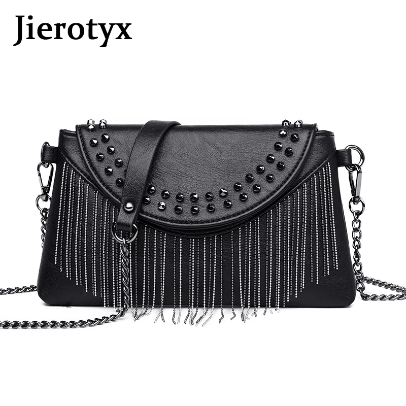 JIEROTYX женская сумка через плечо с бахромой, черные кожаные женские сумки на плечо, милые дизайнерские роскошные сумки, женские сумки с заклепками в стиле панк