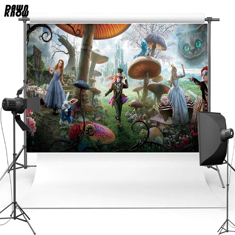 

DAWNKNOW Cartoon Vinyl Photography Background Alice in Wonderland Polyester Backdrops For Children Photo Studio Props G064