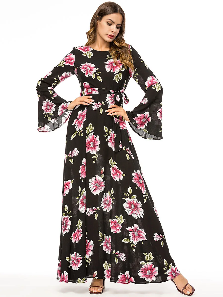 Элегантное платье с цветочным принтом abaya мусульманское длинное платье для девочки халаты с длинными рукавами туника Vestidos кимоно Ближний Восток Рамадан Исламская одежда