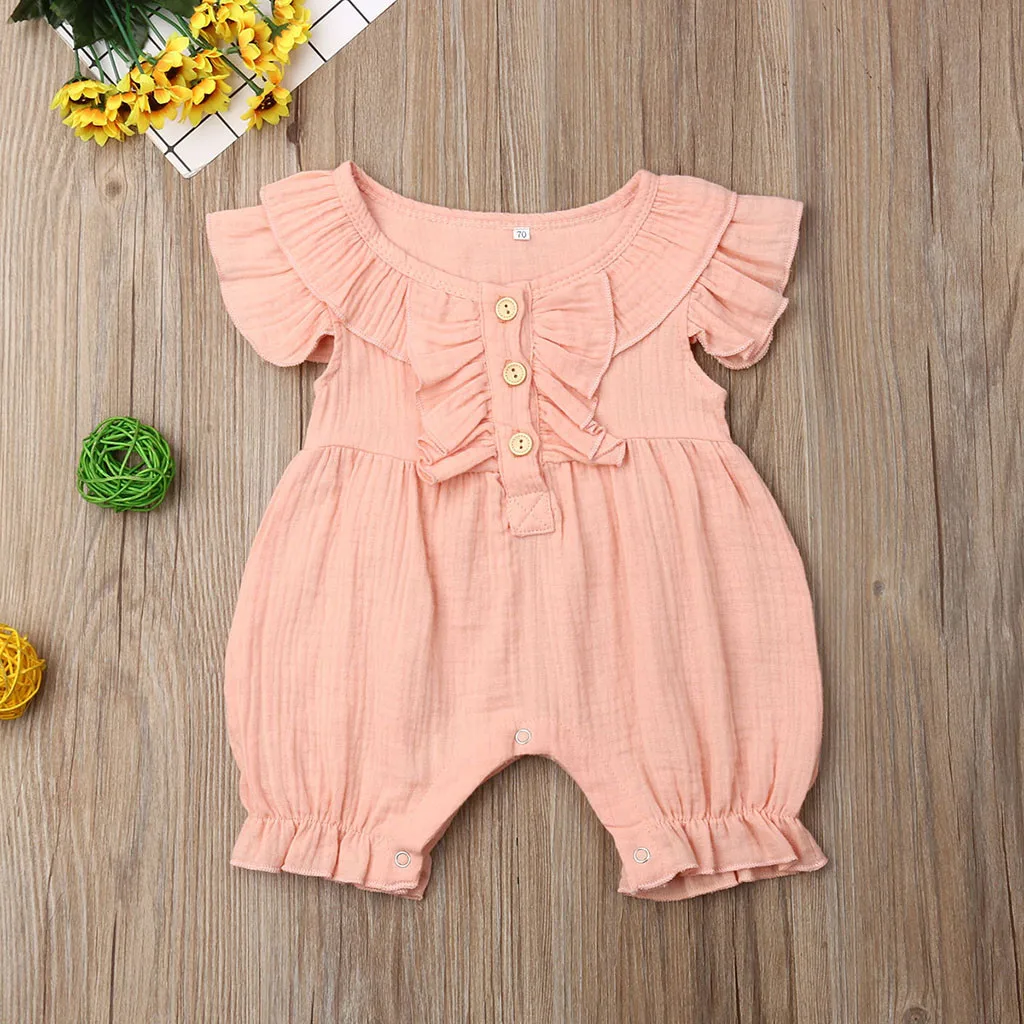 Summer Infant Baby Boys&Girls Fly Sleeve Ruffles Solid Romper Jumpsuit Clothes bebek tulum baby jumpsuit linen baby clothes