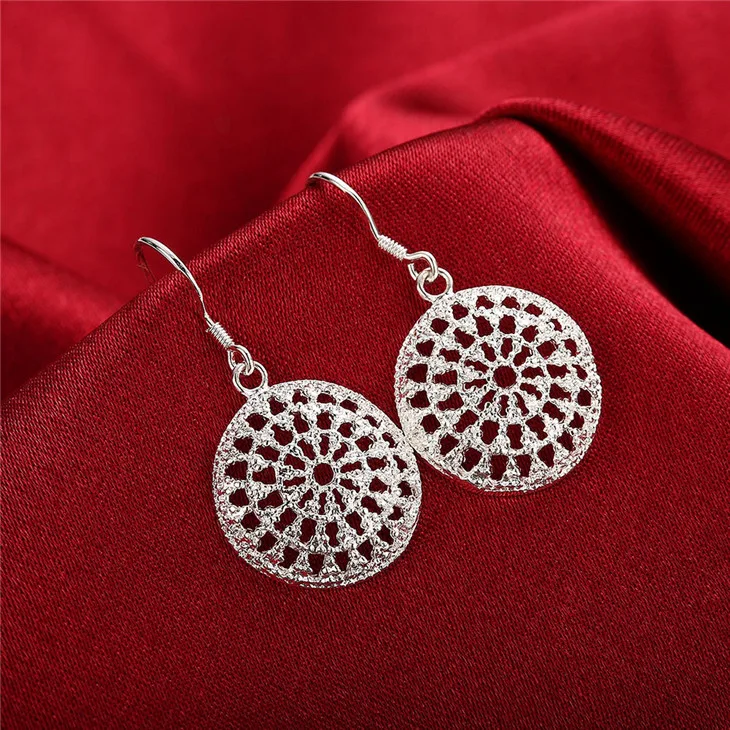 Серебряные серьги капли модные большие круглые полые цветочные с растительными